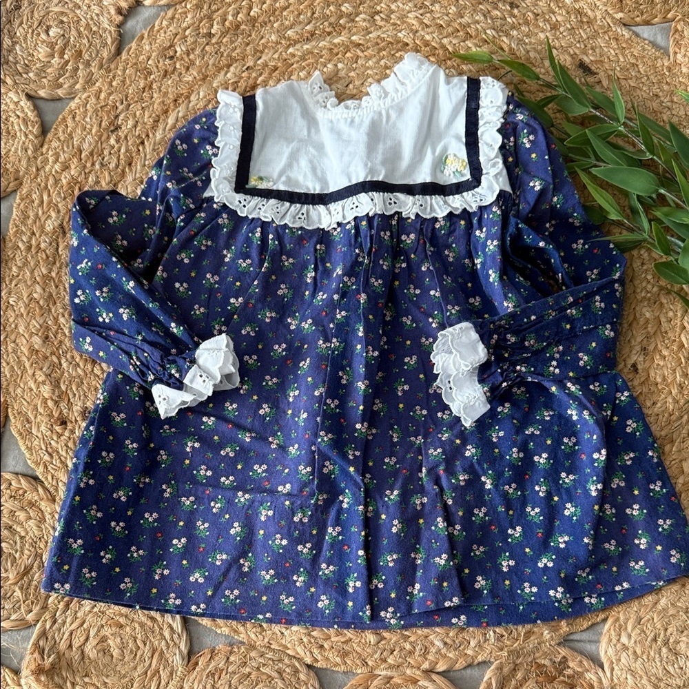 Vintage Peaches N Cream Floral Bib Eyelet Crochet Long Sleeve Dress Blue. 3T